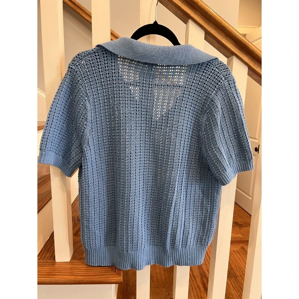 Talbots Light Blue Pointelle Stitch Open Knit Polo Sweater Womens L NWT